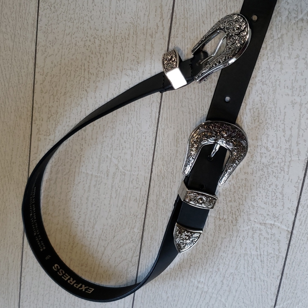 Express S western double buckle black and silver belt